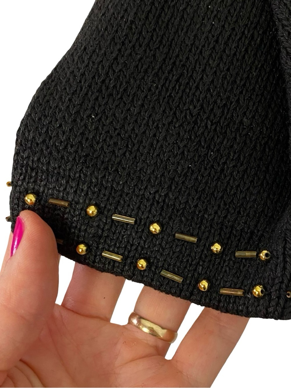 Vintage 90s Granny Sweater Womens Size Large Black Gold Beaded Tags Tunic - Picture 9 of 11
